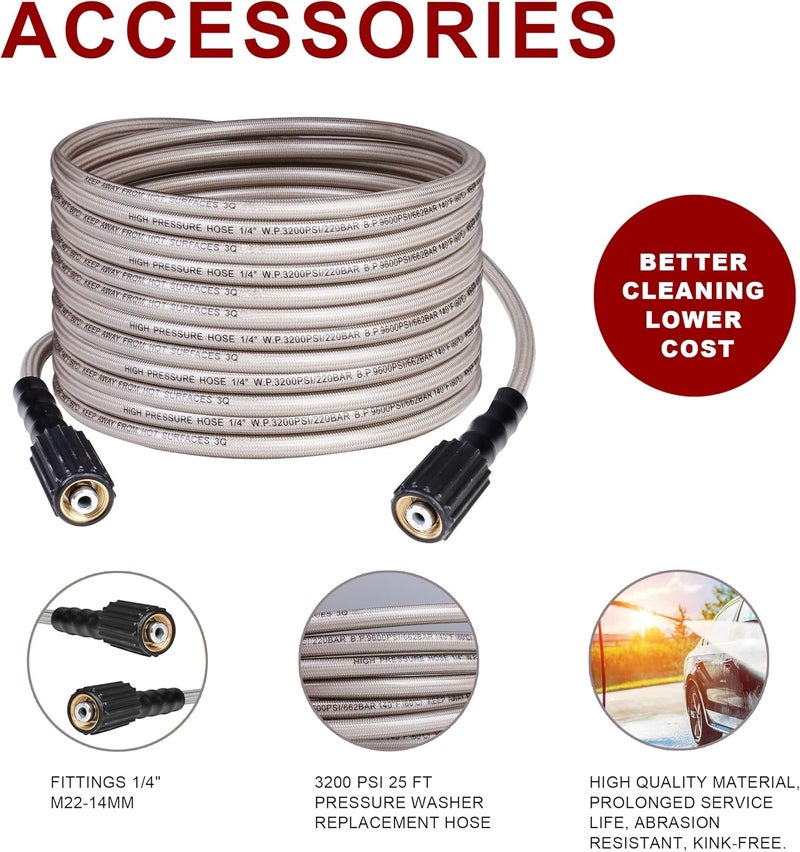 WOJET خرطوم ضغط 3200 PSI بطول 25 قدم 1/4" خيوط نحاسية M22-14mm بديل عالمي لمعظم غسالات الضغط PA7261 - Image 3
